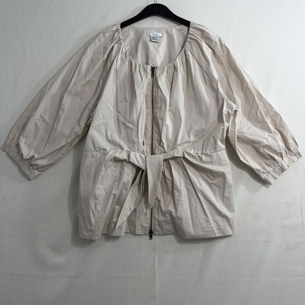Cache Womens Large Beige Belted Jacket Two Way Zip Lightweight Cotton